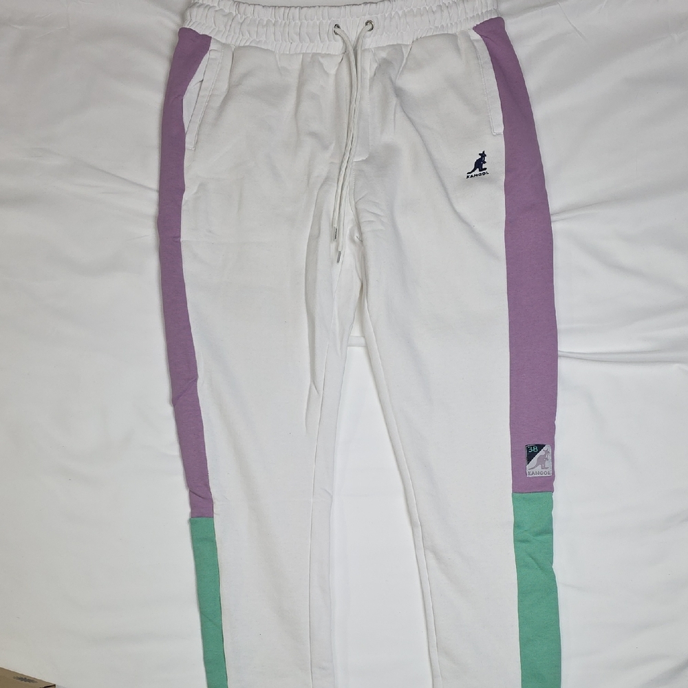 Kangol White and Purple Joggers with Green Accents Dirt At Bottom